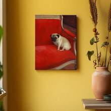 1pc Funny Bathroom Wall Art Framed Wall Art, Wrapped Canvas Poster Vintage Prints, A Pug Sitting On A Red Sofa, Birthday Party Decor, Decorative Wall Art For Living Room Bedroom Office, Hanging Hardware Included - Framed, Vertical - 裱框畫布 - 查看 6