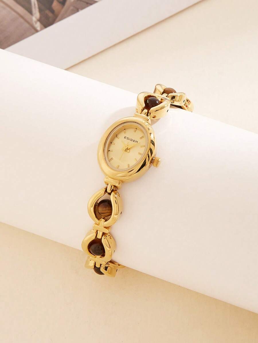 1 件女士琥珀猫眼和虎眼复古奢华手链手表，适合节日礼物