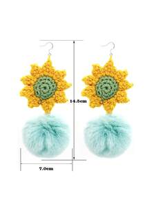 Handmade Crochet Sunflower Pom-Pom Earrings Boho Chic Statement Accessories For Festivals & Everyday Style - Mint Green - View 2