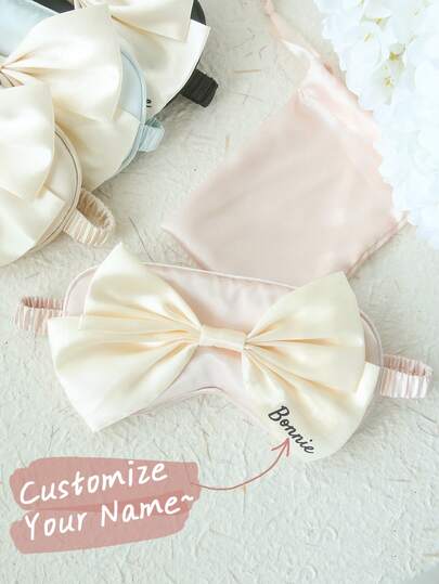 2PCS Personalized Name Bow Eye Mask A Eye Mask With A Storage Bag Custom Sleep Mask Personalized Silky Soft Satin Eyemask Wedding Favor Lustrous Imitation Silk Satin Cute Bow Knot Sleep Mask Set Wedding Favors Gift For Women Best Bridesmaid Gift Bridal Party Gift