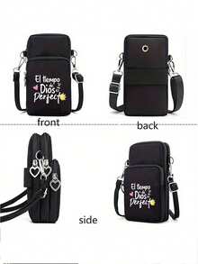 Printed With"Tiempo"Pattern Crossbody Bag,Sports Running Armband Bag, Multi Layer Mobile Phone Bag, Outdoor Cycling Wrist Bag With Earphone Hole,Women's Phone Bag, Mini Crossbody Bag, Vertical Coin Purse For Women,Sports Arm & Running Wrist Bag, Mini Casual Crossbody Phone Bag With Earphone Hole,Fashion White-Collar Workers College,Work, Business, Commute,Office,For Lover,For Birthday Gift - Black - View 3