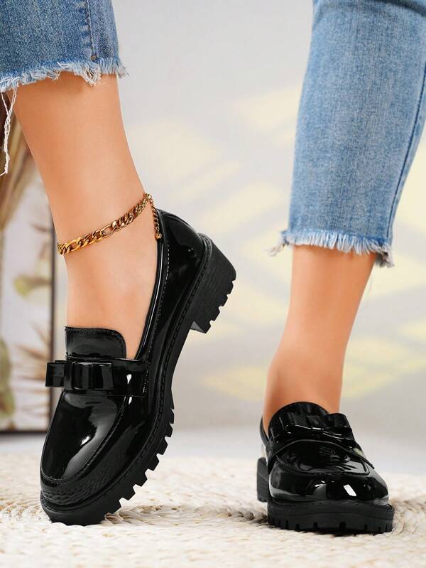 Spring & Autumn New Arrival Thick-Soled Wedge Heels Pointed-Toe Loafers With Increased Sponge Cake Bottoms, British Style Low-Heels/Chunky Heels/Square Heels, Fashionable & All-Matching Deep-Mouth Bowknot Women's Shoes
