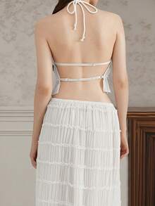 Camisetas sin mangas para mujer con cuello halter anudado, volantes y dobladillo plisado, sin espalda. - Blanco - Ver 8