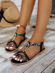 WRCVS Women's Beige Cross Strap Flat Sandals, Open Toe Lightweight Slip-On Casual Shoes, Anti-Skid Vacation Beach Shoes With Random Woven Floral Retro Pattern And Tassel - Black - View 2