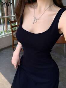 [Y6Y] 女士无袖方领A字连衣裙，春夏法式休闲优雅收腰连衣裙 - 黑色 - 查看 4