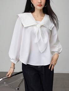 清新蝴蝶结海军蓝翻领衬衫 - 白色 - 查看 4