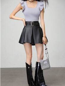 春夏Y2K音乐节女士金属PU百褶裙套裙黑色皮裙百搭时尚腰带长腿