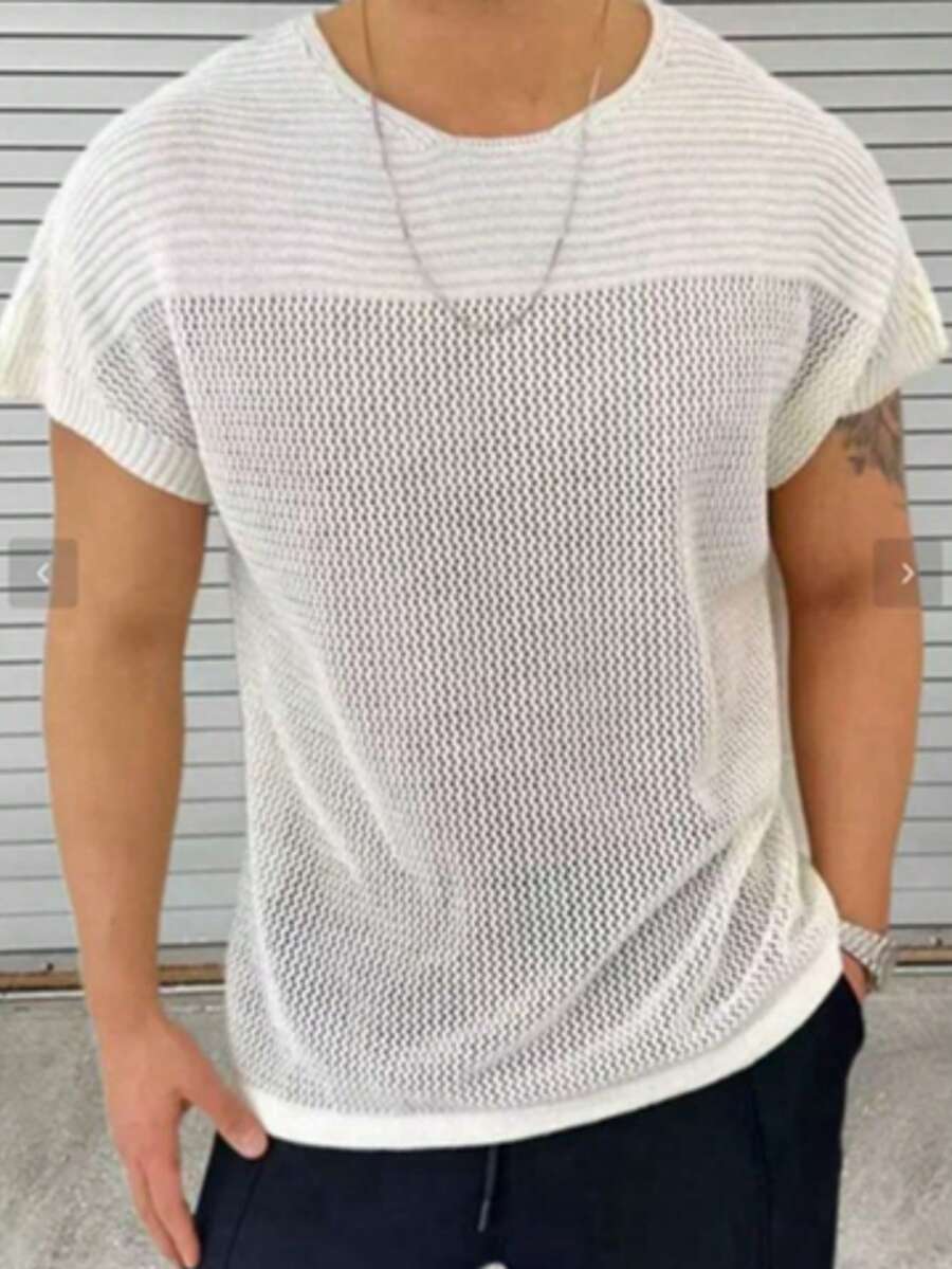 男士网眼拼布透视罩衫，休闲沙滩短袖针织上衣 - 白色 - 查看 1