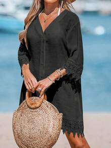 Áo khoác ngoài đi biển màu trơn phối ren dành cho nữ, màu đen, thích hợp cho mùa xuân. - màu đen - Xem 3