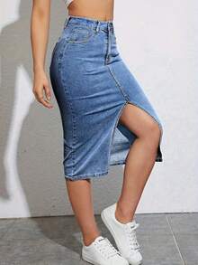 Women's Fashion Stretch Denim Hip Skirt Mid-Skirt - 淺色水洗藍 - 查看 3