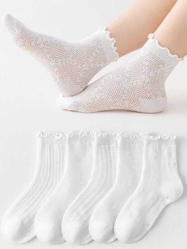 5 Pairs Kids Socks, Summer Breathable Mesh Comfortable Soft White Frill Trim Girl Ankle Socks