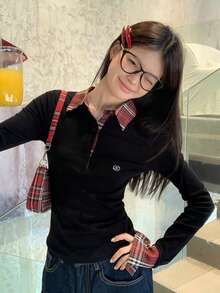 Women's Polo Collar 2 In 1 Plaid Contrast Design Slim Fit Long Sleeve T-Shirt - Red Plaid - View 4