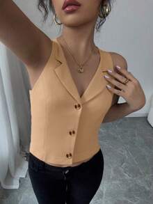 Women's Elegant Commuting Fashion Solid Color Lapel Neck Sleeveless Short Top, Spring/Summer - Coffee Brown - View 2