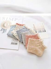 5/6 Pairs Women Cute Floral Polka Dot Personalized Short Socks, Suitable For Daily Wear At Home And Outdoors, All Season - Multicolor - View 5