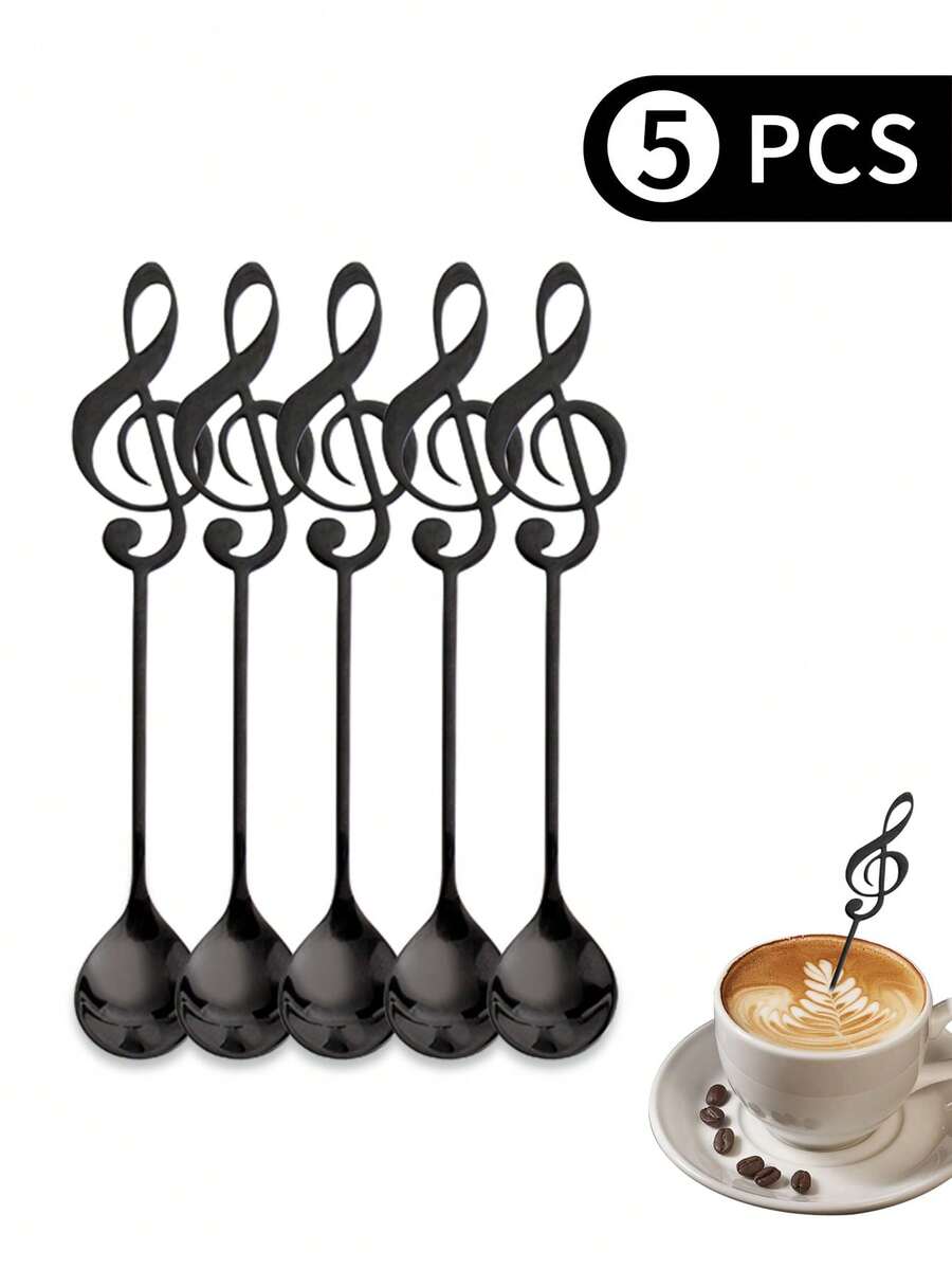 2pcs/5pcs Stainless Steel Creative Music Note Coffee Spoon,School Supplies - Silver - View 1