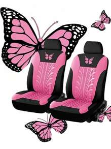 1 set accessoires d'intérieur de voiture pour femmes : housses de siège avant motif papillon mignon, couvre volant/frein à main/pommeau de vitesse en peluche, décoration suspendue de rétroviseur en peluche et strass, 1 paire de porte-gobelets en silicone, accessoires d'intérieur de voiture roses