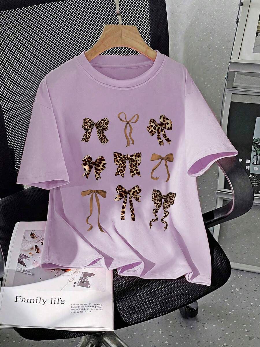 Girls' Leopard Print Bow Graphic Round Neck Short Sleeve T-Shirt, Casual Style For Spring/Summer - Purple - View 1