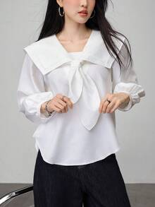 清新蝴蝶结海军蓝翻领衬衫 - 白色 - 查看 1