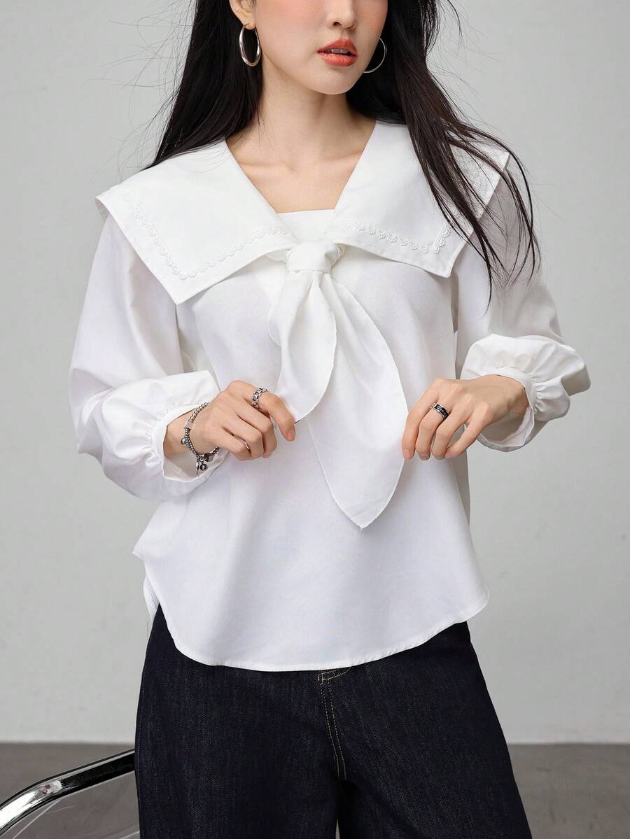 清新蝴蝶结海军蓝翻领衬衫 - 白色 - 查看 1