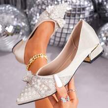 Women's Fashion Glamorous Crystal Bow Decor Slip-On High Heel Shoes For Outdoor Party - Apricot - View 9