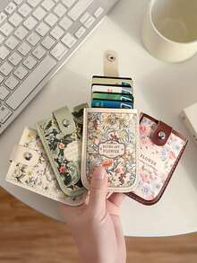 复古花卉拉出式钱包，带多个卡槽 - 超薄仿皮身份证和信用卡夹，适合女士