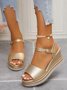 女士夏季新款经典厚底凉鞋，波西米亚风格白色交叉后带坡跟凉鞋，时尚高跟圆头假日风格 - 金色 - 查看 4