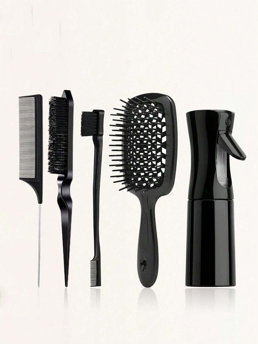 5pcs Hair Styling Brush Set, Includes 200ml Spray Bottle, Wide-Tooth Comb, Volumizing Brush, Rat-Tail Comb, Edge Brush And Exfoliating Brush, Suitable For Wet And Dry Hair