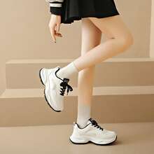 女士白色厚底系带休闲运动鞋 - 黑色 - 查看 7