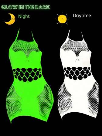 1 件夜光渔网裙，女士性感内衣镂空透视网眼吊带裙，夜光弹力渔网裙，蕾丝边夜总会服装，异国情调派对装，情人节礼物