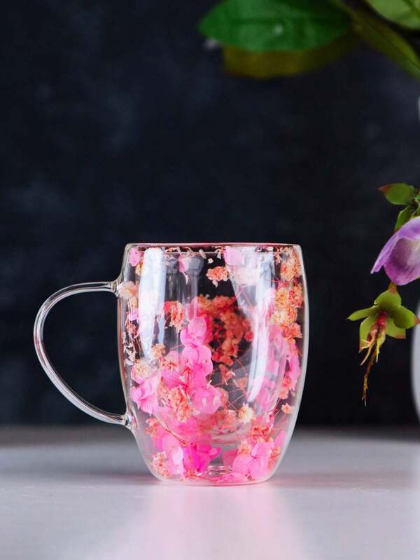 1 Double-Layer Glass Coffee Cup With Dried Flowers, Insulated And Heat-Resistant Water Cup, Suitable For Hot And Cold Drinks, Perfect For Cold Drinks, Sparkling Water, Fruit Tea, Juice And Latte Coffee - Suitable For Weddings, Parties, Bridal Showers, Birthday Gifts, Etc Back To School