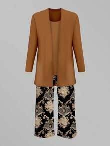 Plus Fall Clothes Three Pieces Color Blocked Printed Set Long Sleeve Cardigan & Tank Top & Long Pants Women Outfit Sets - Multicolor - View 4