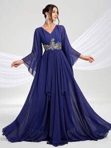 YISIKADO 女士 V 领优雅贴花雪纺荷叶边下摆派对长裙