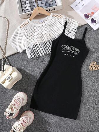 Girls Clothing Set: Black Spaghetti Strap Dress With New York Brooklyn Letter Print + White Mesh Short Sleeve Cover-Up, Street Fashion Style, Eye-Catching Outfit For Outings