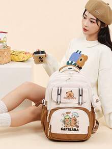 Extra Large Capybara Print Backpack - Cute Patchwork Design, Nylon Material, Lightweight Student Backpack Suitable For High School And College, Korean Style