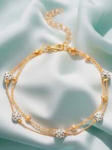 1pc Unique Double-Layer Anklet, Shamballa Crystal Ball Charm Ankle Chain, Minimalist Multi-Layer Metal Alloy Beach Foot Jewelry For Women - Gold - View 3