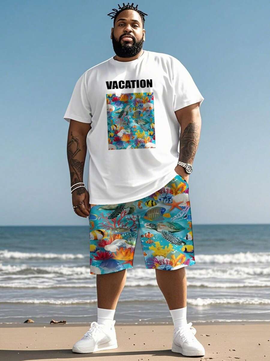 Plus Size Men's Underwater World Printed T-Shirt And Shorts Set - White - View 1