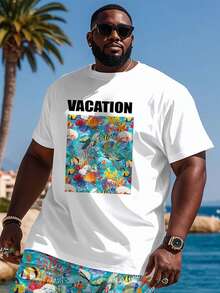 Plus Size Men's Underwater World Printed T-Shirt And Shorts Set - White - View 2