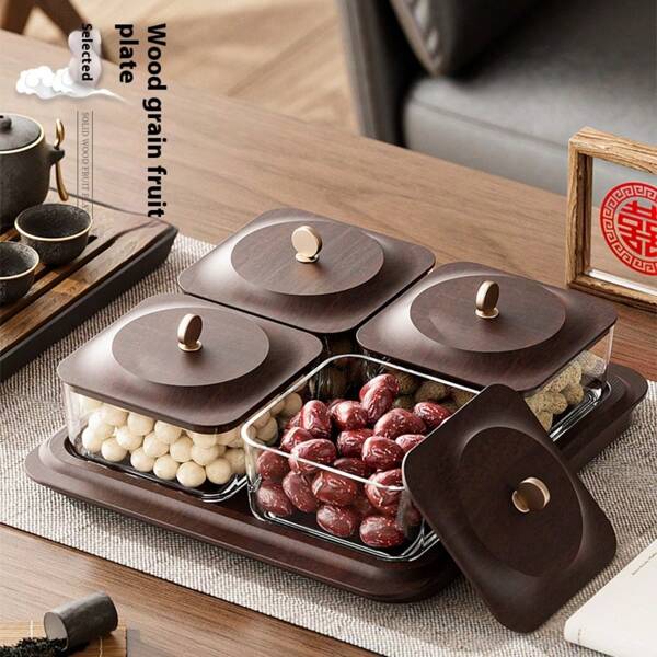 Nuevo plato de frutos secos de estilo minimalista tipo INS, de imitación de grano de madera de lujo. Caja de almacenamiento de bocadillos, nueces y dulces. Plato de frutas para mesa de té del hogar y de la sala de estar. Suministros para aniversario, plato de frutas para fiestas, plato de frutas para escritorio de oficina.