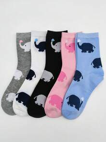 5 Pairs Women High Waist Patterned Mid-Calf Socks, Fashionable Elephant Design - Multicolor - View 4