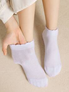 5 Pairs Kids' Solid Color Breathable Lace Trim Ankle Socks, Classic Style, Skin-Friendly Soft Comfortable, Casual Sports, Versatile, Odor-Resistant, Suitable For Daily Wear, Holidays, Back To School