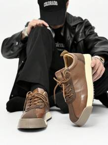 Men's Casual Gum Sole Lace-Up Round Toe Running Shoes, Thick Sole Non-Slip Student Party Outdoor Shoes Spring/Summer