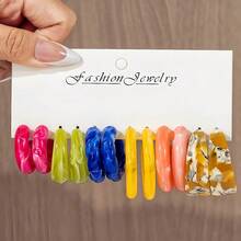 6-12 Pairs Oversized Luxury Resin Board C Shape Hoop Earrings Set, Multicolor, Fashionable European And American Style - Resin Encyclopedia - View 4