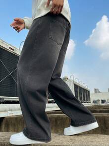 1 件男士复古水洗做旧直筒宽松休闲阔腿牛仔裤，带磨损下摆 - 深灰色 - 查看 3