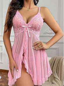 Bộ đồ lót hai dây lưới thêu ren cổ chữ V cỡ lớn dành cho nữ, thích hợp mặc ở nhà, đồ lót gợi cảm - Hồng - Xem 5