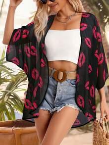 Lips Print Kimono Valentines Clothes Spring Summer Short Sleeve Cover Up - Multicolor - View 1
