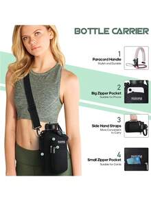 UKEIN Half Gallon Water Bottle With 2 Lids(Chug Lid And Straw Lid),64oz Insulated Water Bottle With Straw, Wide Mouth Double-Wall Vacuum Thermo With Paracord/Protective Carrier Boot - 綠色-粉紅色 - 查看 5