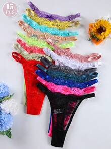 Bộ 15 quần lót ren gợi cảm có thể điều chỉnh eo G-String/Quần lọt khe cho nữ, Màu kẹo - Nhiều màu - Xem 1