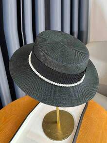 1pc Women Straw Hat, Casual Bohemian Street Elegant French Flat Top Hat, Suitable For Summer Elegant Pearl Straw Beach Sun Hat, Ideal For Gatherings, Outings, Outdoor Use - Multicolor - View 12
