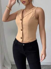Women's Elegant Commuting Fashion Solid Color Lapel Neck Sleeveless Short Top, Spring/Summer - Coffee Brown - View 1