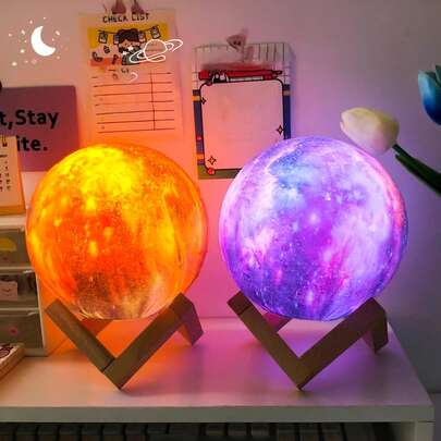 12厘米月球灯，创意床头氛围灯，木质底座月球灯，卧室睡眠装饰LED夜灯，母亲节礼物，复活节装饰，白光/黄光/RGB三色可选，电池供电 - 含电池，8厘米/10厘米/14厘米